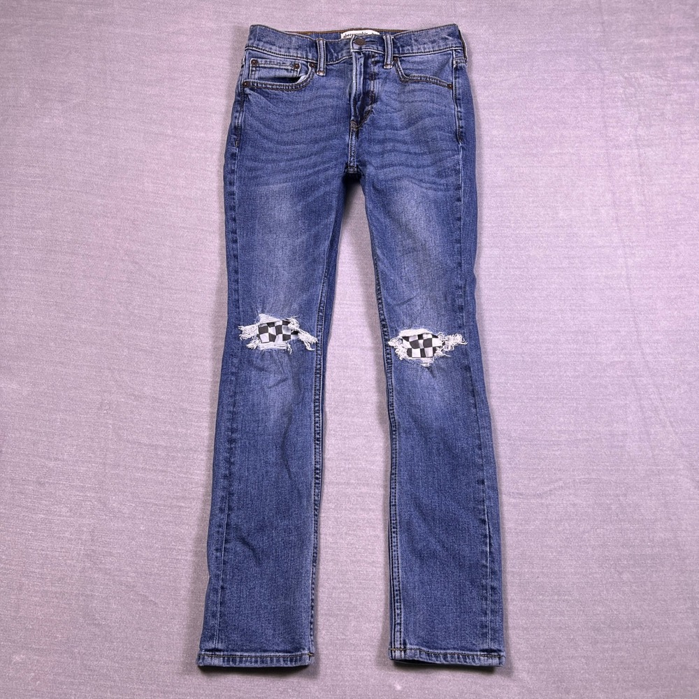 Abercrombie Skinny Jean Slim Distressed Checkered Patch Denim Kids 13/14 Blue